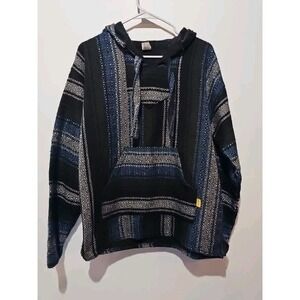 MOLINA  Blue Grey Black STRIPED HOODIE POUCH POCKET PULLOVER BAJA SWEATER Size L